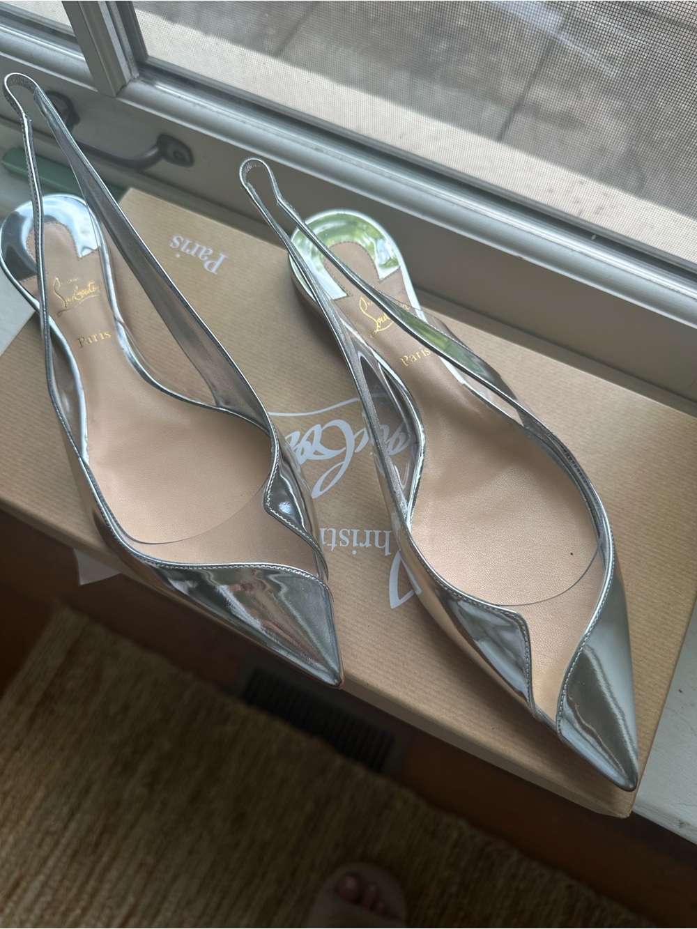 Christian Louboutin Silver Pointed Toe Slingback Flats